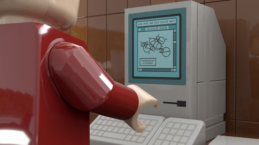 Lego rending of Scotty working on a computer to create the formula for transparent aluminum