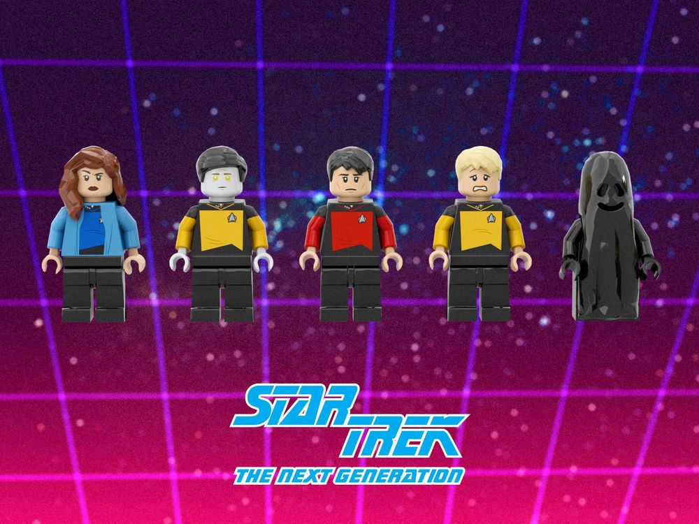 Lego versions of the Enterprise D away team with an 80s laser background