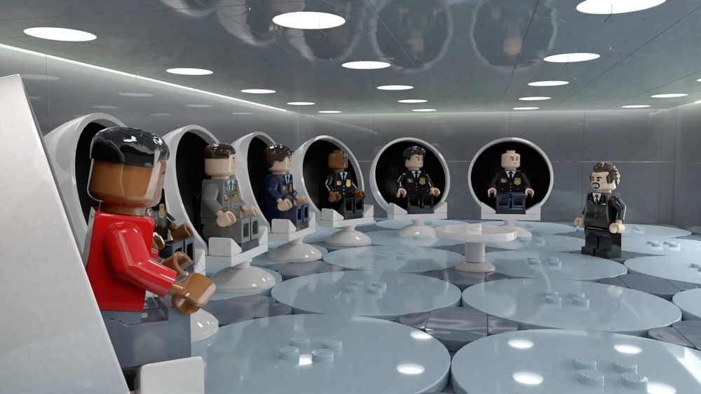A 3D lego render of a scene in Men in Black with Will Smith and military guys sitting in egg chairs