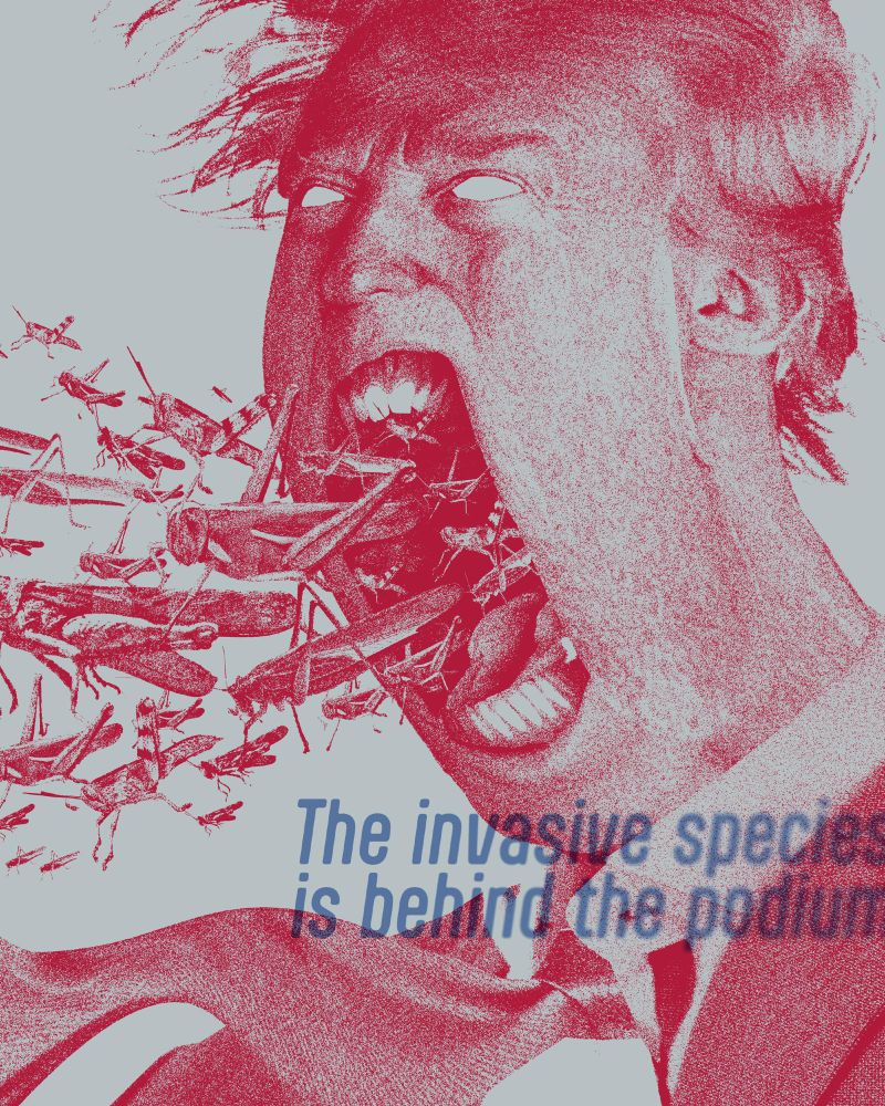 Unfortunately, a caricature of a politician spewing locusts. Caption: the invasive species is behind the podium