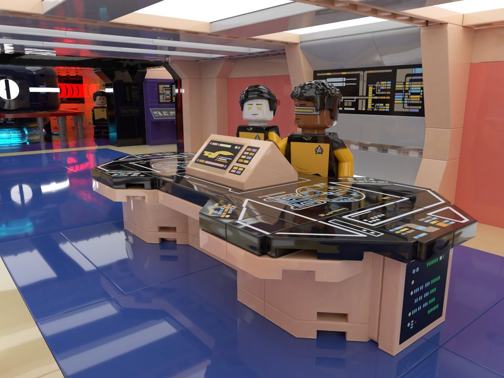a 3D lego rendering of Data and Geordi standing behind the engineering "pool table"