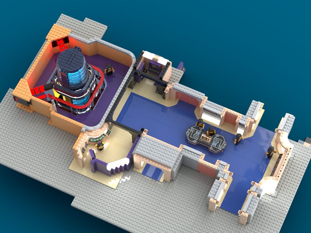 an overhead view of a 3D lego rendering the entire engineering deck of the Enterprise D