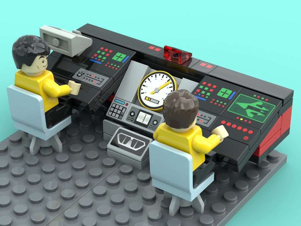A 3D Lego render of the Conn and Ops station where Sulu and Chekov sit on the Enterprise bridge from Star Trek the original series.