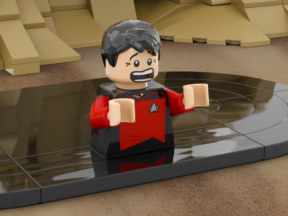 3D lego render of Riker sinking into a tar puddle.