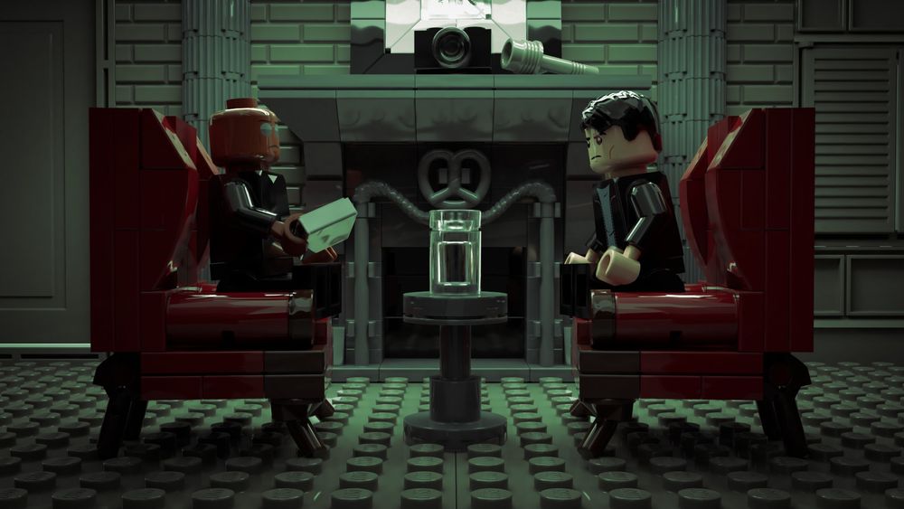 Lego 3D render of Neo meeting Morpheus