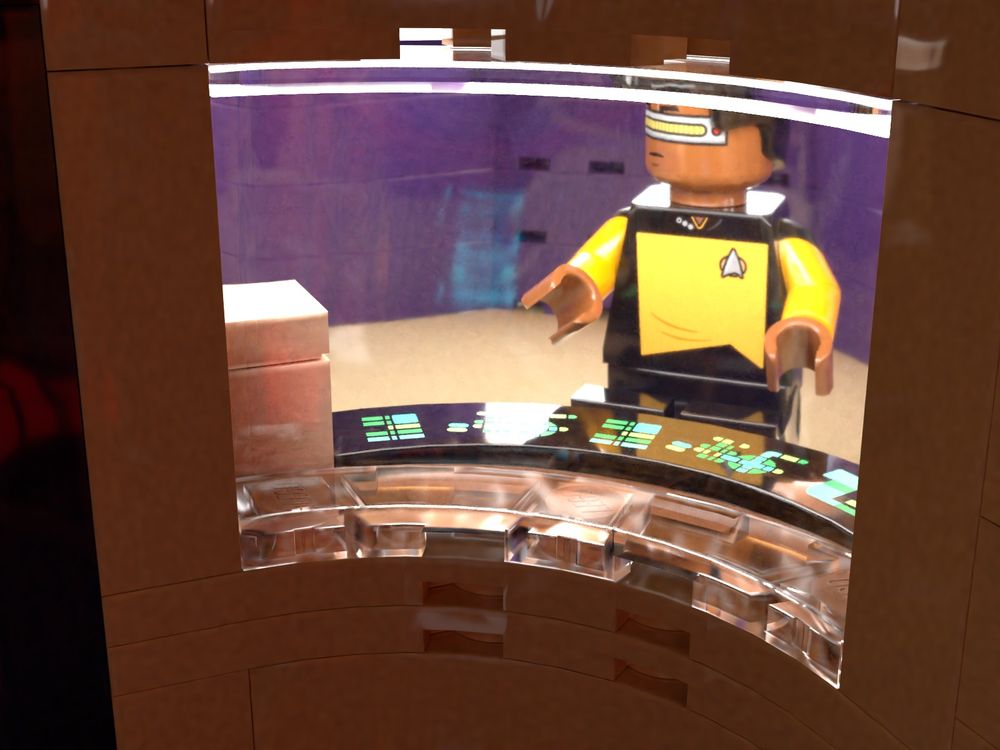 a 3D lego rendering of Geordi looking out of the engineer's corner window near the warp core