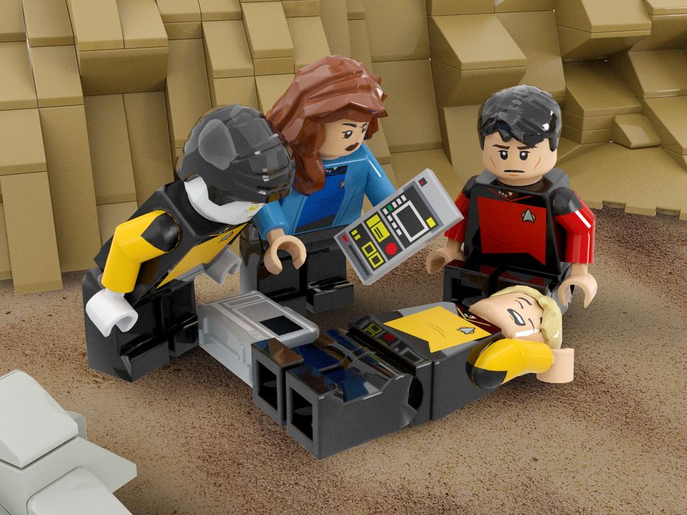 3D lego render of Data, Riker, and Beverly standing around a recently deceased Tasha Yar.