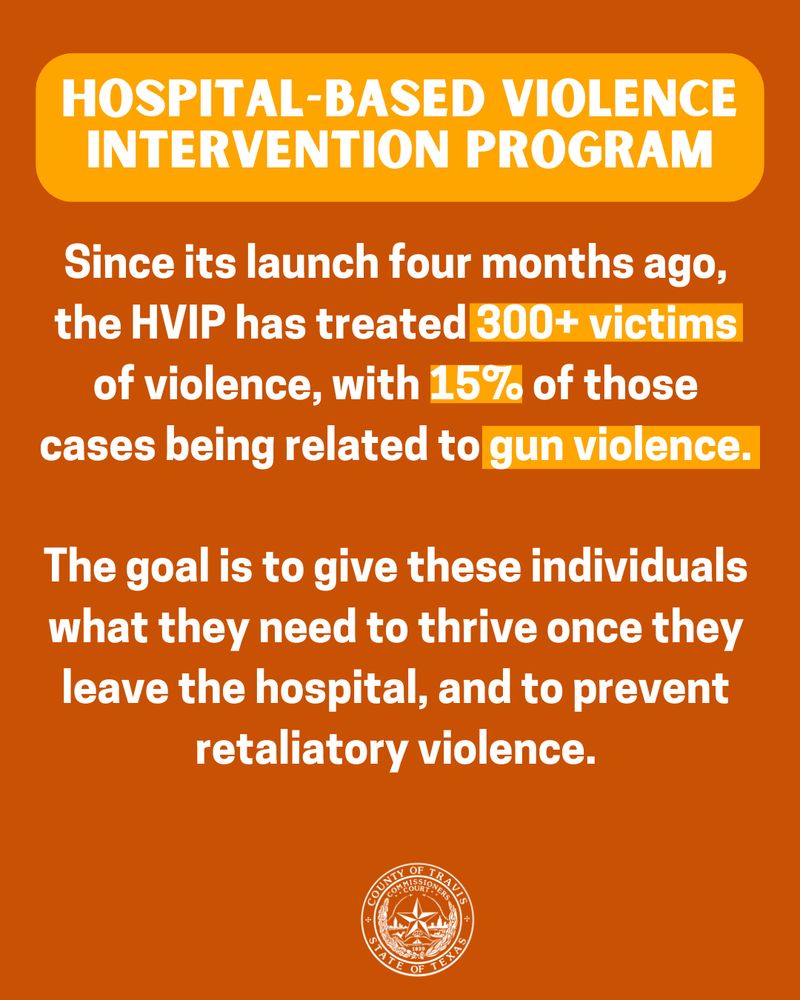 White text on an orange background that reads: "“Since its launch four months ago, the HVIP has treated 300+ victims of violence, with 15% of those cases being related to gun violence.
The goal is to give these individuals what they need to thrive once they leave the hospital, and to prevent retaliatory violence." 
