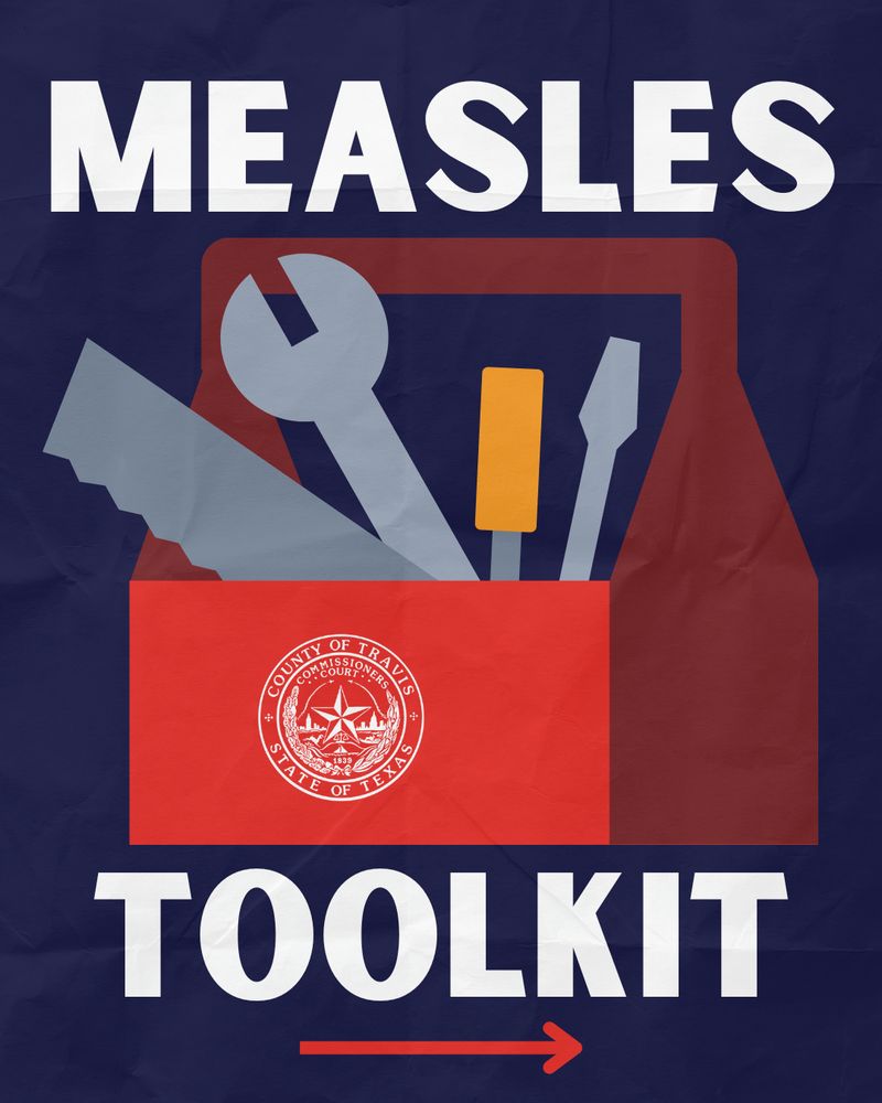 A graphic with a navy background. A red cartoon tool box with gray and orange tools is in the middle with the commissioners court deal. The text reads in white letters, "Measles toolbox." There's a red arrow at the bottom. 