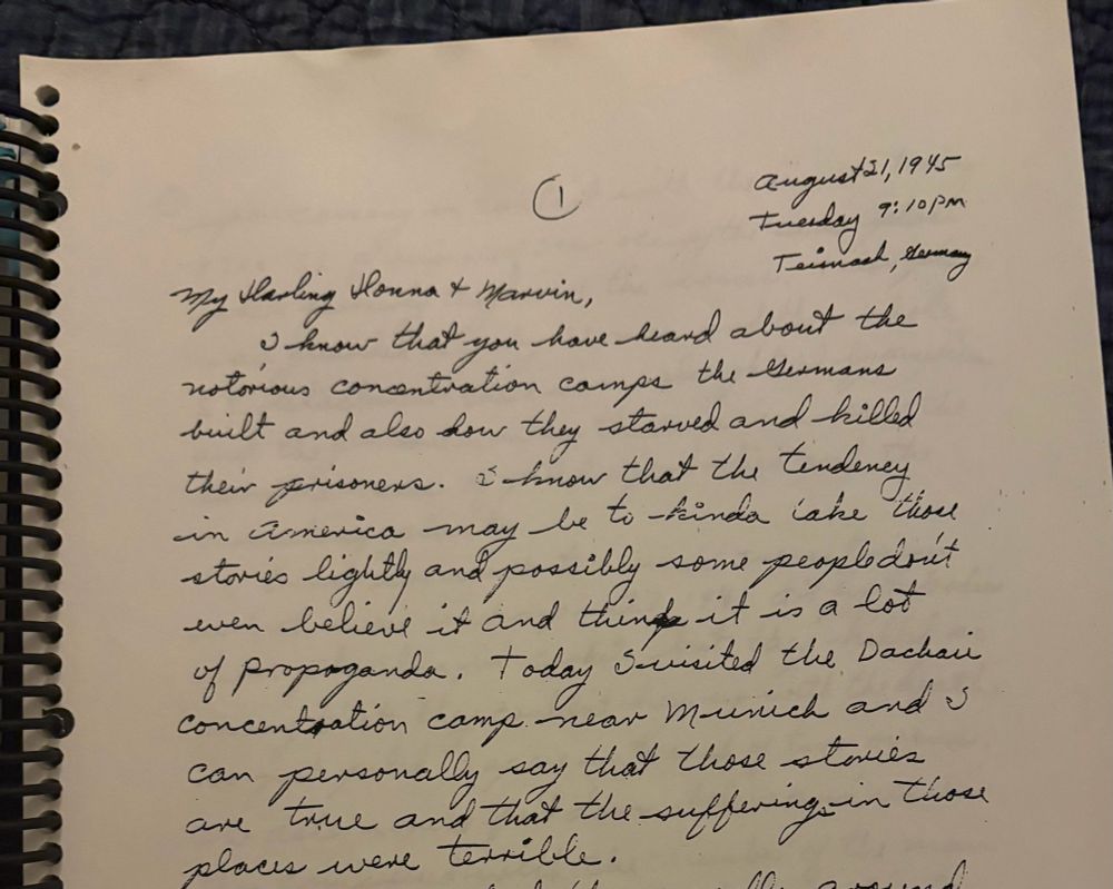 The beginning of a handwritten letter that my grandfather wrote to my grandmother in 1945 after touring a  concentration camp in Germany. 