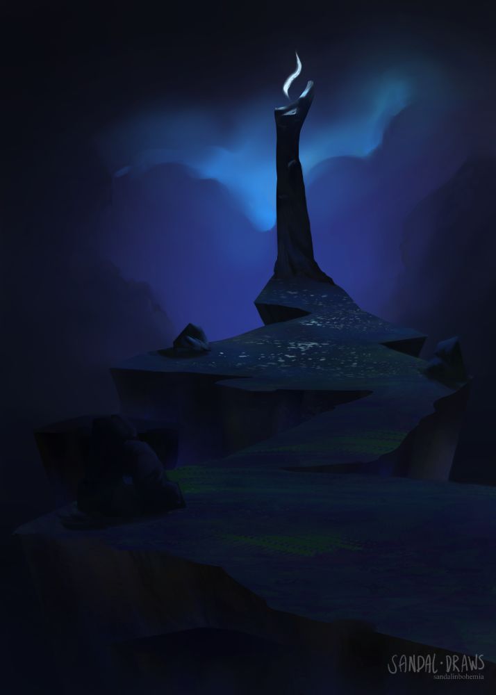 A digital painting of a dark narrow shape, supposedly a lighthouse with a bright blue flame at the tip, atop a winding cliff with purple clouds in the background.