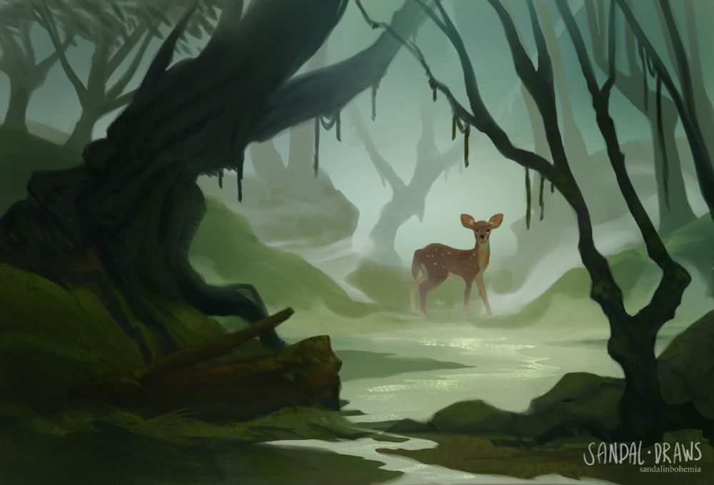 A digital painting of an alerted white-tailed deer in a foggy green forest with old thick trees in the foreground and a brook meandering through the foreground.