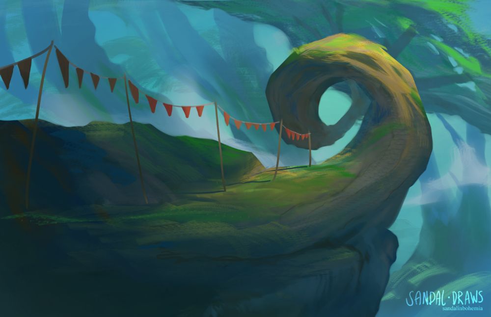 A digital painting of a moss-covered tree curling around in a circle until the canopy recedes into the fog, where more gigantic trees are visible. A row of red triangular flags is decorating the path leading up to the tree.