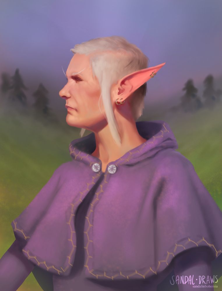A digital painting of a grey-haired, elderly white elf with a short haircut viewed from the side profile. She's wearing a purple cloak with the hood down, standing on a hillside with coniferous trees in the distance, receding into fog.
