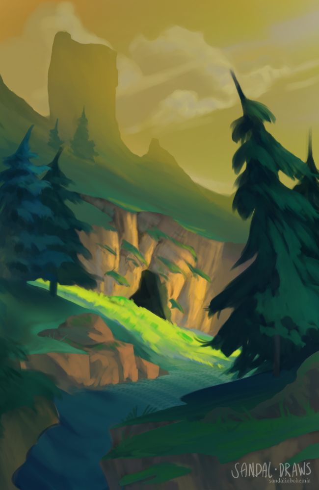 A digital landscape drawing of a mountainous landscape, with a green-blue path meandering up to a cliff with a cave entry. Coniferous trees in the foreground lead the eye towards the cave. The sky is yellow with large, soft clouds.