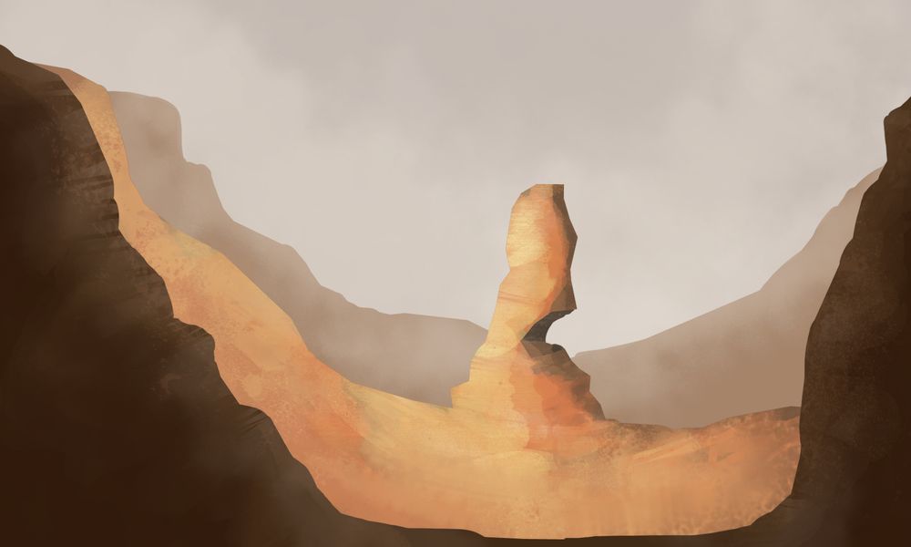 A digital painting of a sandy desert-like valley with a single rock formation peaking out in the middle plane against a stark gray sky.