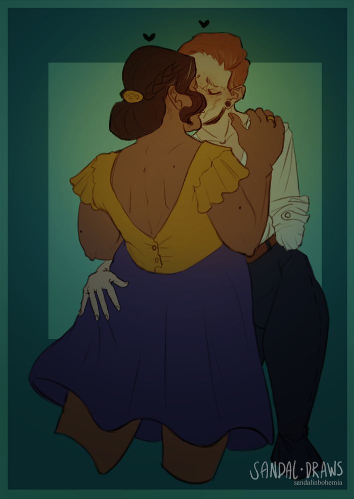A digital drawing of Josephine Montilyet, seen from the back, wearing a yellow blouse with an open back and swirly short sleeves and a purple, knee-length skirt kissing Sandal's Inquisitor Roe Trevelyan, a white woman with short cropped orange hair wearing a white blouse and dark blue trousers with a leather belt, missing her lower left arm. Two black hearts float above their heads. The background is green, with a lighter green square where the figures are for emphasis.
