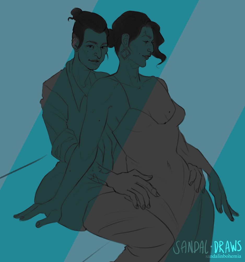 A digital drawing of Sandal's OC's Lucia Mercar, looking at the camera with a slight smile, sitting on a table and wearing a suit while embracing Neve Gallus, who's wearing a tight dress with thin straps, from behind. Light blue stripes run across them from top right to bottom left, emphasizing the composition.