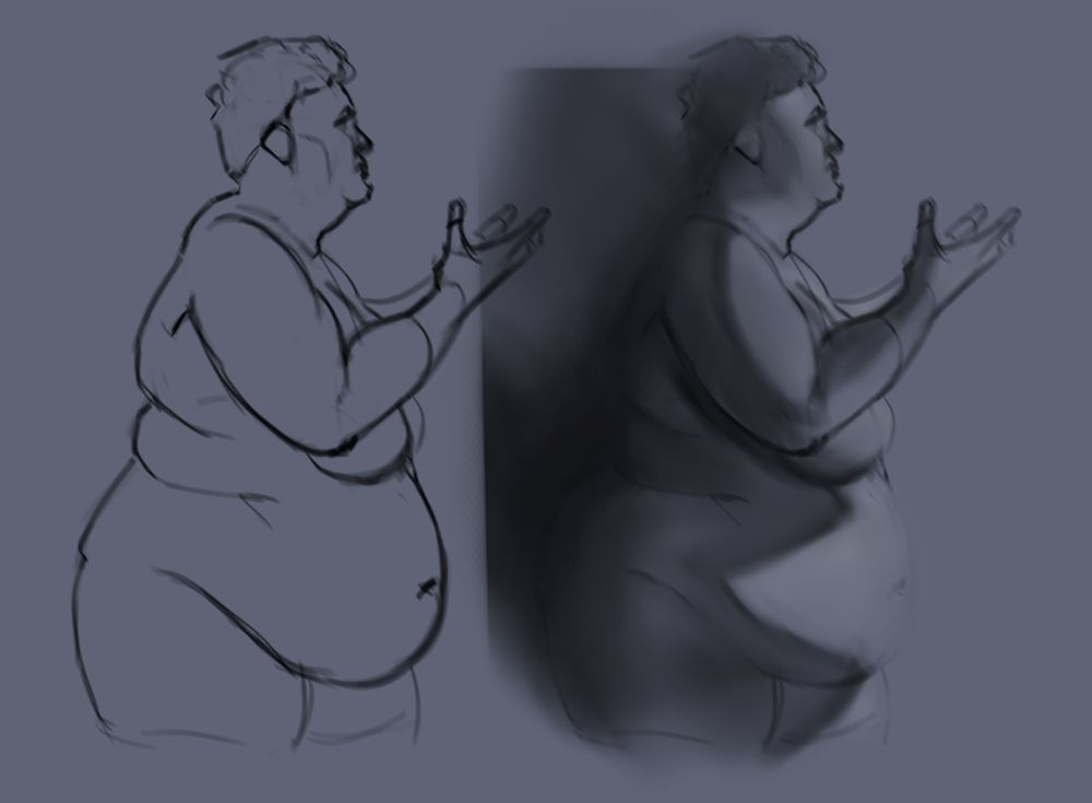 Two iterations of the same digital figure drawing of a model with short cropped hair and their hands lifted in front of their chest seen from the right side, lineart on the left, greyscale render on the right on a grey background.