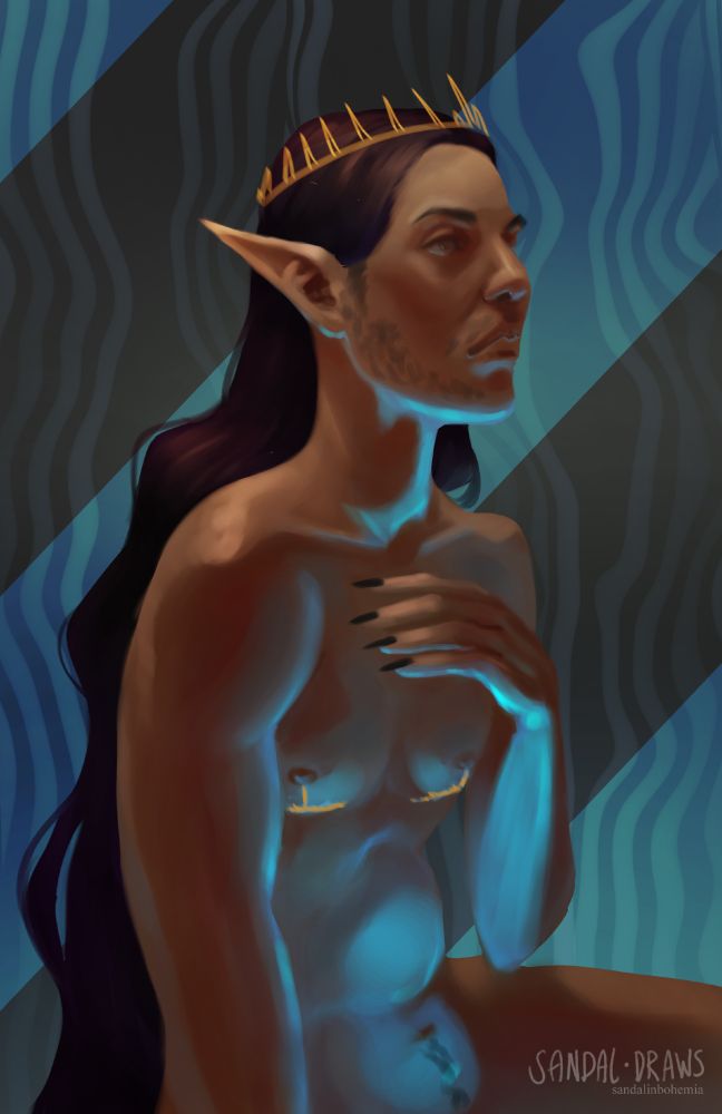 A digital painting of a naked elf with long dark hair, wearing a golden crown and golden top surgery scars, touching their hand to their chest. The background has blue-and-grey stripes running from top right to bottom left.
