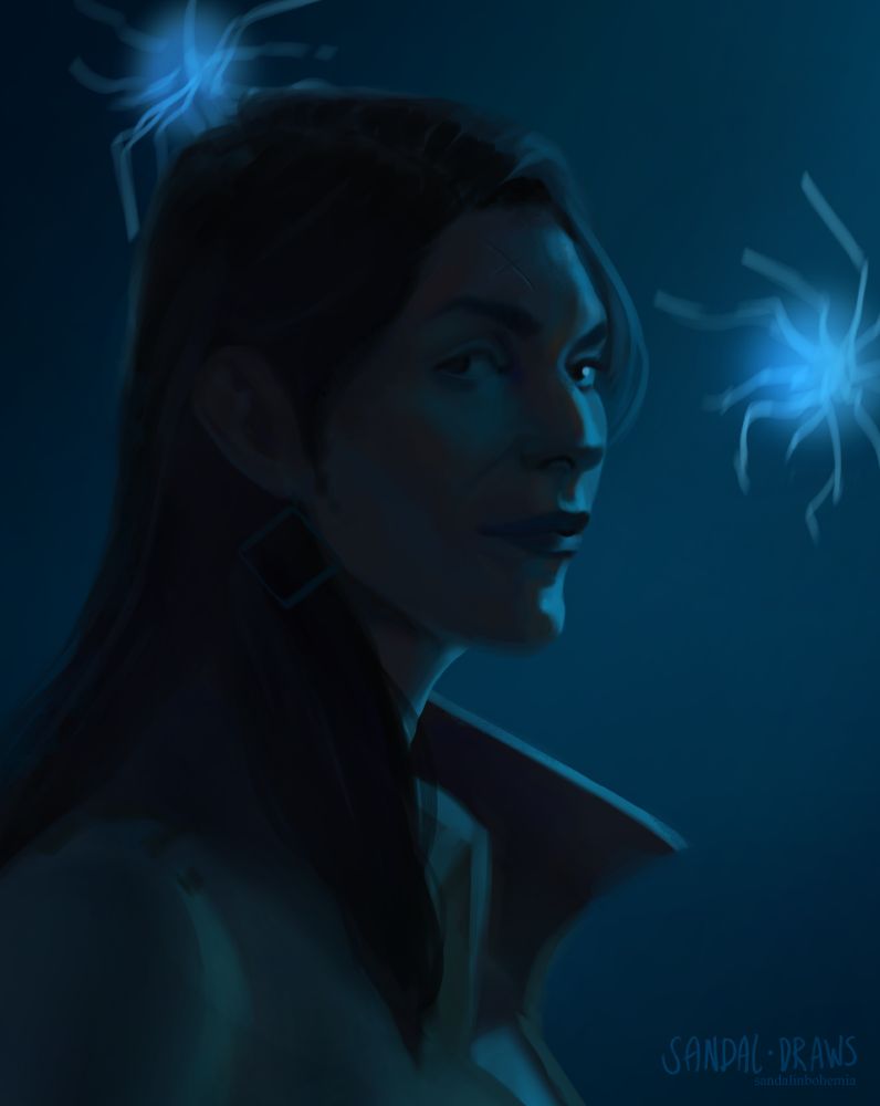 A digital portrait of Neve Gallus with a slight smile in blue tones, most of her face in shadow, backlit by wisps and her collar poking out.