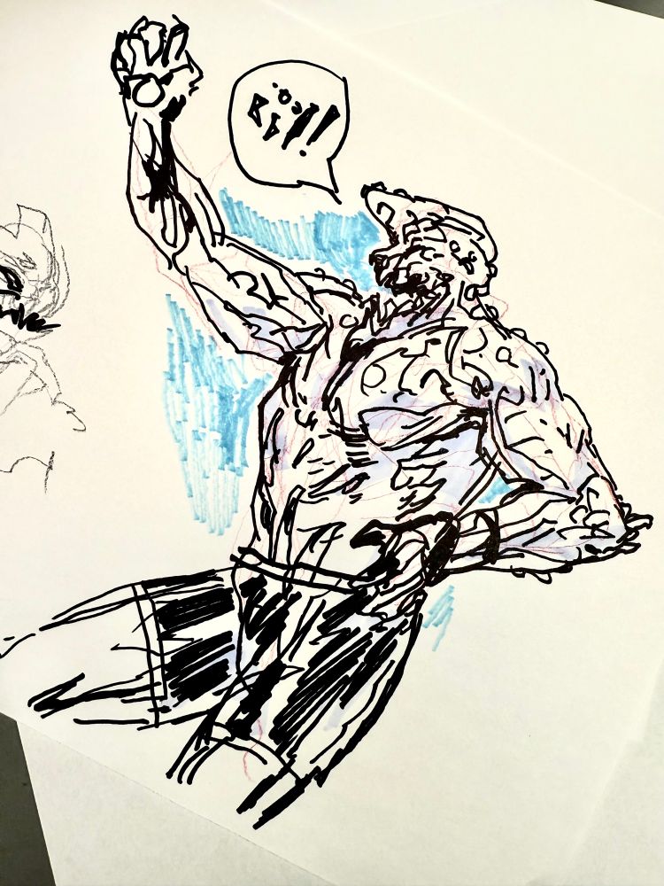 An alien in tight long briefs exclaiming 