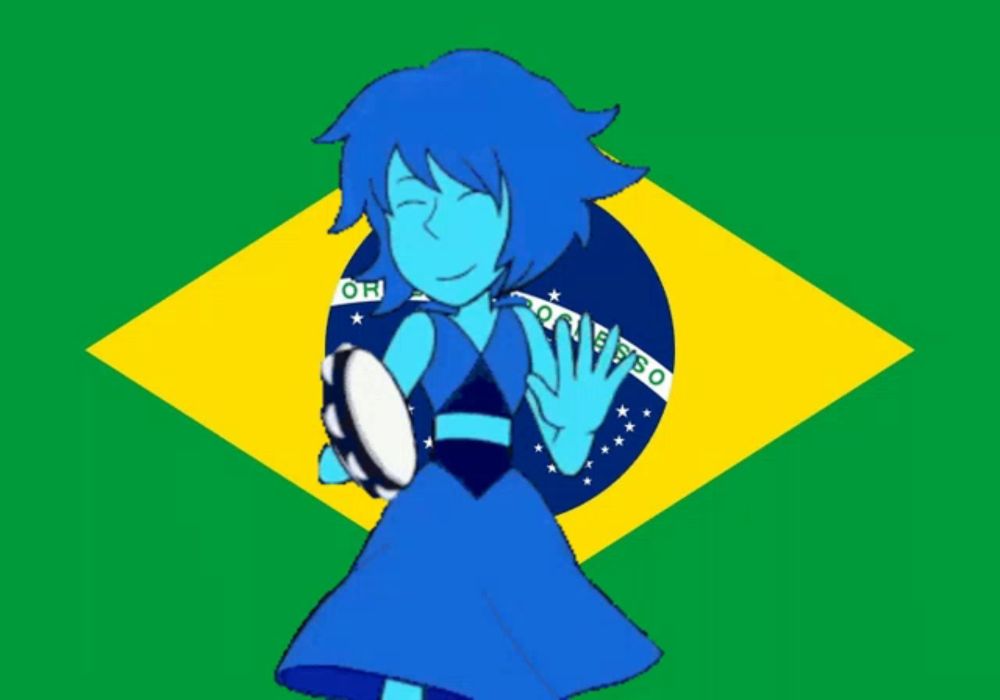 a cartoon of a girl holding a tambourine in front of a flag