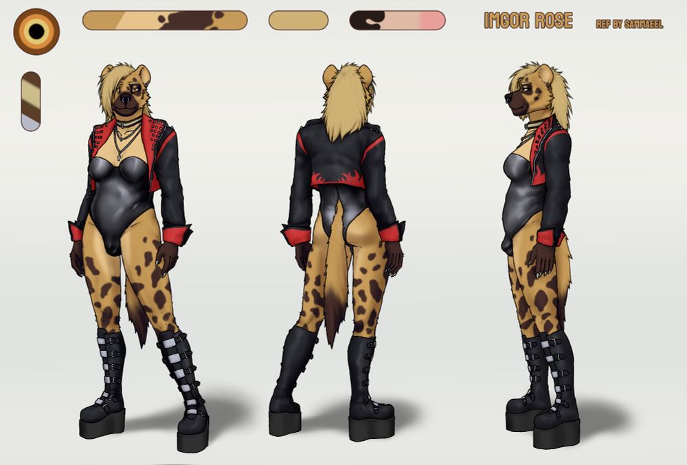 anthro furry hyena reference sheet, goth and rock'n'roll big spots piercings