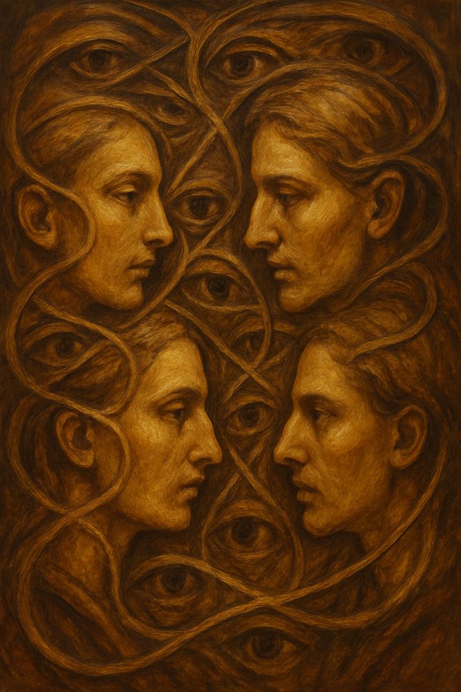 A Silent Dialogue on the Canvas: Where the Self Meets the Other.
Step into a timeless masterpiece where classical technique meets profound philosophical inquiry. This is not merely a painting; it is an intricate map of human consciousness, rendered in earthy tones that speak of ancient, universal truths.

Each face gazes upon another, not as a stranger, but as a mirror. In this powerful visual metaphor, we are challenged to consider how our own identity is forged in the perception and reflection of those around us. It’s a deep exploration of introspection, existence, and the eternal dance between the "Self" and the "Other."

The interwoven lines are the undeniable threads of our shared existence—the social fabric that binds us together in a complex web of culture, history, and connection. They serve as a stunning reminder that no individual is an island; we are all intrinsically part of a greater, collective whole, witnessed by the ever-watchful eyes of a collective consciousness.

This artwork compels us to look deeper and reminds us that to understand ourselves, we must have the courage to truly see one another.