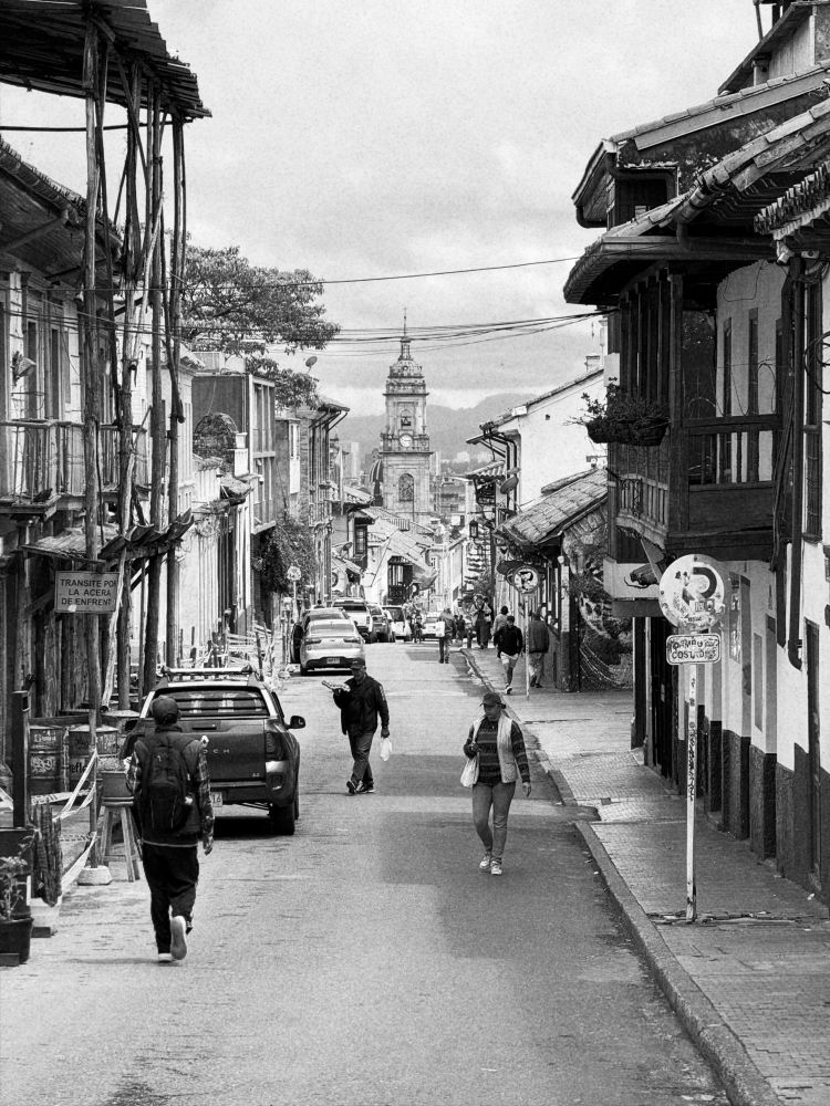 A black and white photo of a portion of Catedral Primada de Colombia taken from a higher vantage point.
