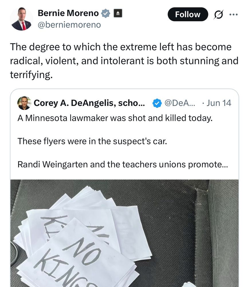 Bernie Moreno & •
1 @berniemoreno
Follow ...
The degree to which the extreme left has become radical, violent, and intolerant is both stunning and terrifying.