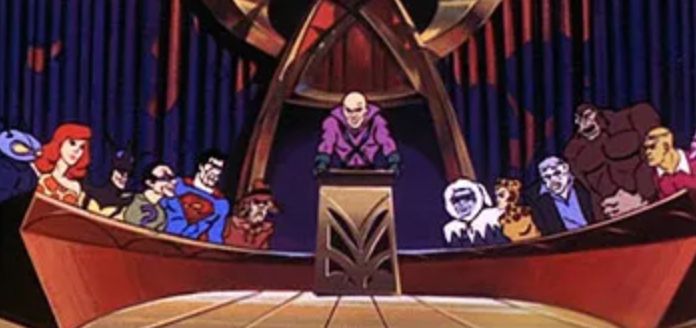 Cartoon villains around a long table, from "Super Friends" TV cartoon