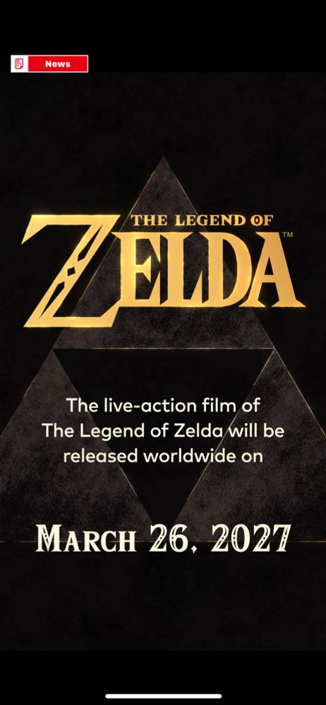 Screenshot showing the release theatre date of the new Legend of Zelda live-action film: March 26,2027