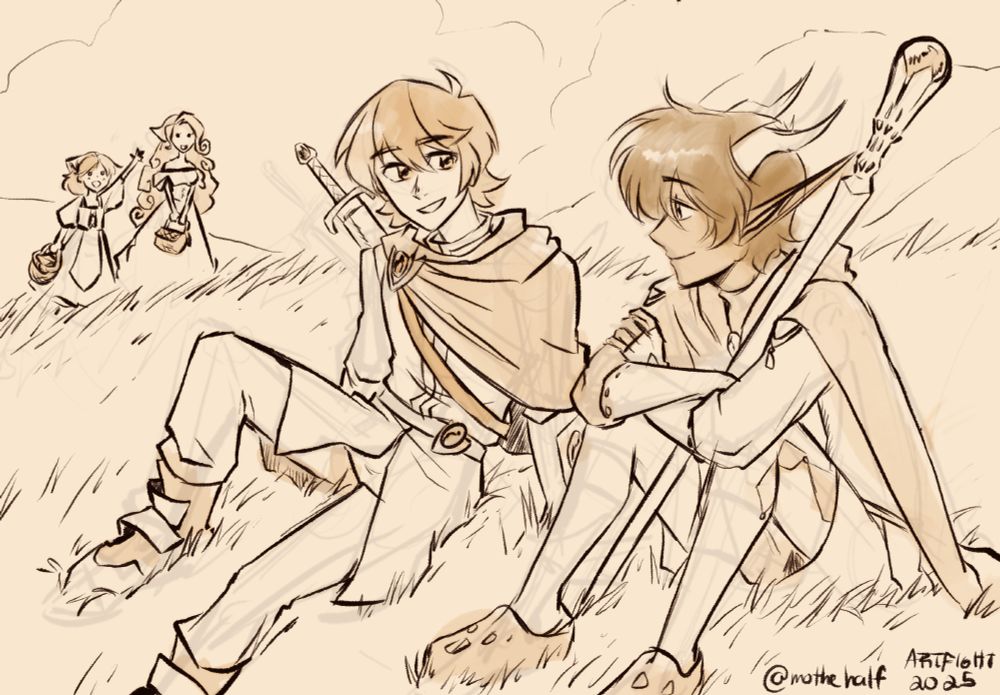 Rough-clean sketch of Riojo (center) sitting in a field with Thorn (right), talking with a soft smile as Thorn listens. Lily and Briar are approaching from afar with baskets in hand.