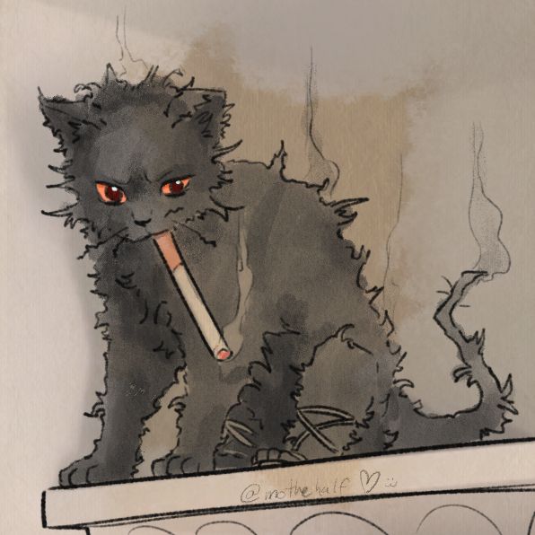 a redraw of a meme of Finny's pathfinder character, a scrunkly cat with a cigarette in it's mouth. It seems to have smoke emanating off it's body, and is wearing Greek sandals. 