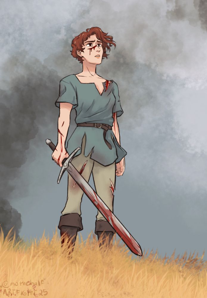 woman holding a bloody sword on a grassy field, looking out at the sky off screen. Smoke rises in the distance behind her. She has red short hair, a blue tunic, a brown belt, beige pants, and brown boots. She's covered in fresh scars and has a sad pained look on her face.