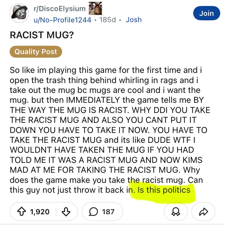 Screenshot of a viral post in r/discoelysium which originated the famous question “is this politics”