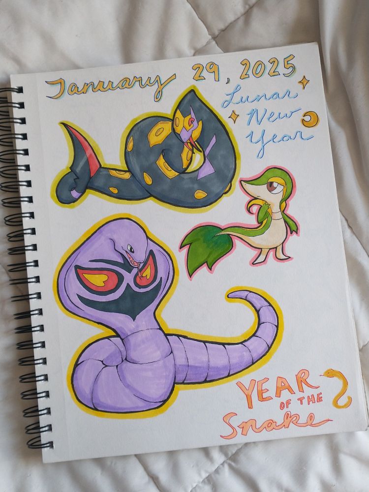photograph of a sketchbook page featuring drawings of seviper, arbok, and snivy colored with alcohol markers; the drawings are accompanied by lettering for the lunar new year, year of the snake