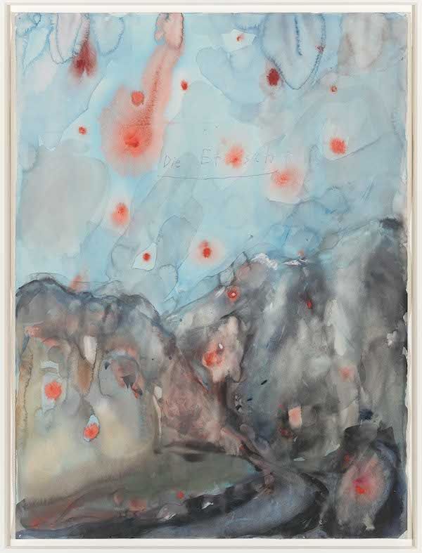 Artwork in watercolour showing The Adige River in Italy. It is abstract in style with light blues at the top of the work and dark greys at the bottom. There are bright spots of orange dotted across the work. It gives a watery effect with the colours running into each other. 

Anselm Kiefer (b. 1945) Die Etsch (The Adige) , early-1970s Watercolour, gouache and ink on paper, 56 x 41 cm Hall Collection. Courtesy of the Hall Art Foundation. © Anselm Kiefer. Photo: Mark-Woods.com