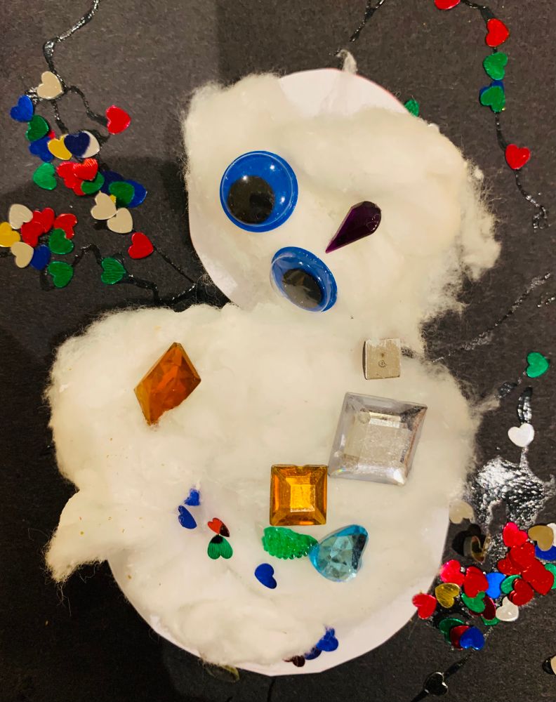 Toddler’s snowman picture made of cotton wool, sparkles and googly eyes half way down the face under the pointy nose, as if melting. 
