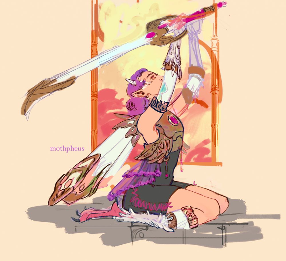 Fantasy art character design girl with big sword and wings harpy chimera in vibrant colors purple hair and horns