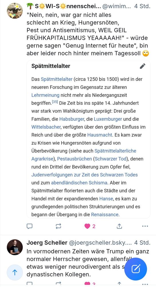 Ein Post, der die Neueistufung des Spätmittelalters rügt, und ein Post, der Trump als normalen Herrscher der Vormoderne beschreibt.