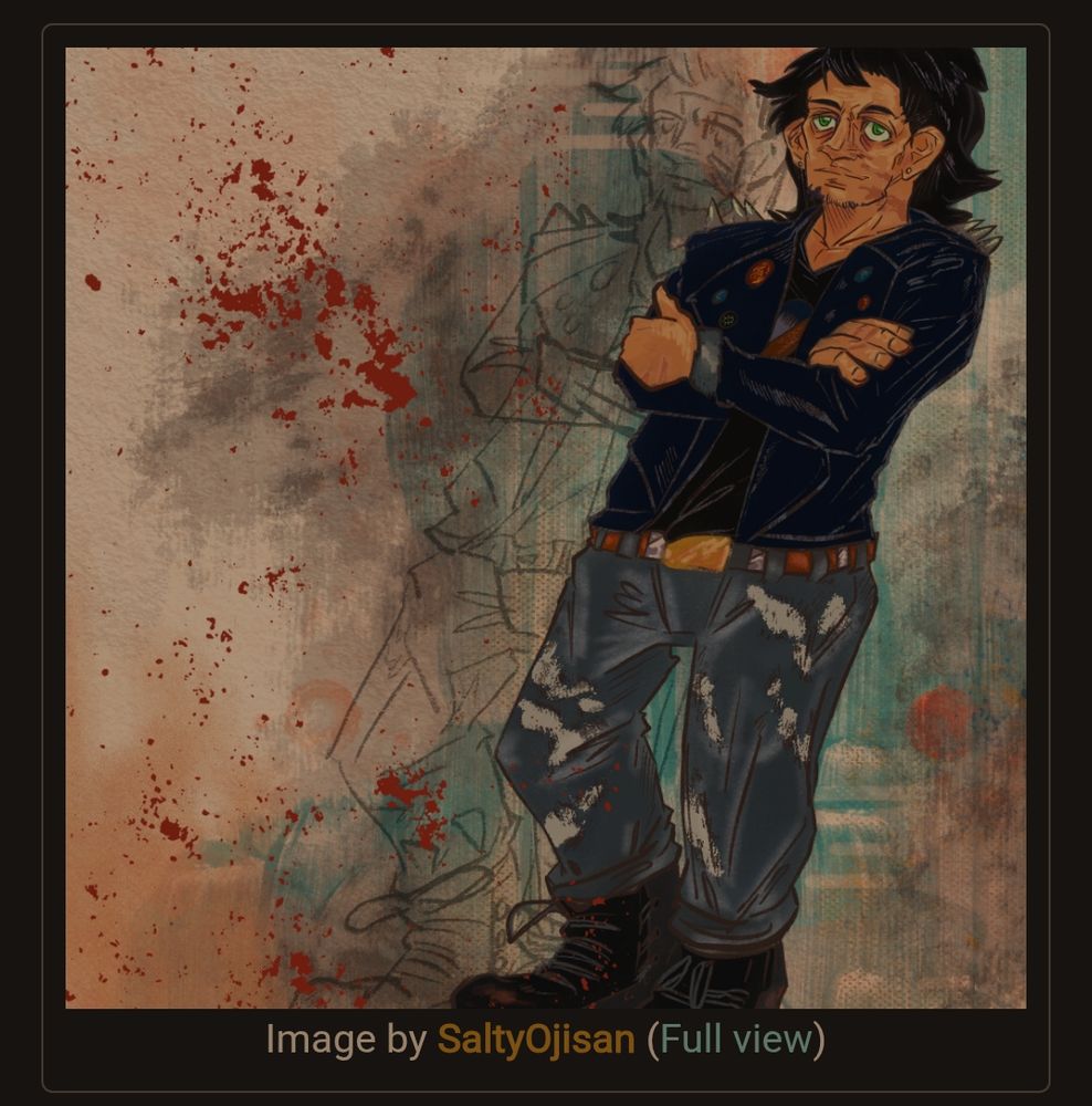 Screengrab of revenge artfight attack for Wolfwitchery of their OC, Sam! A long haired cartoony full body drawing character in a leaning pose against a painterly textured background and the original sketch lines next to the character for interest. 