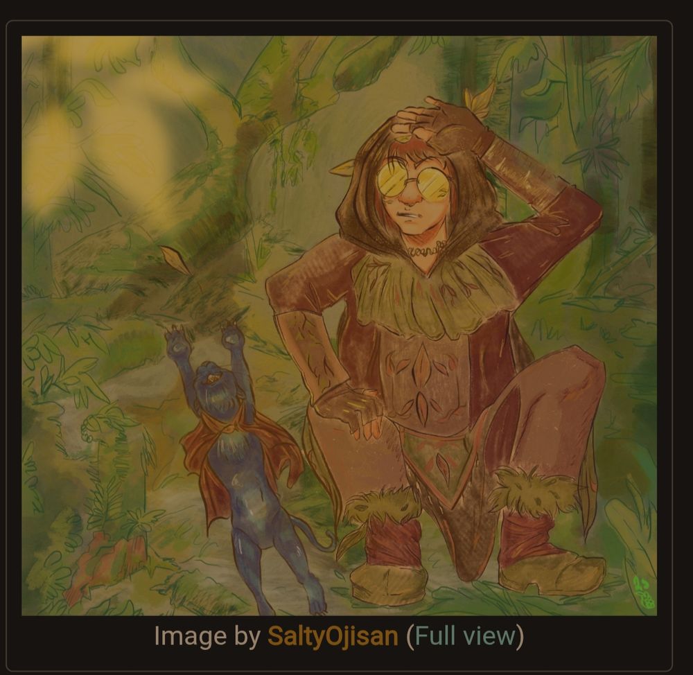Screen grab of a digital painting featuring RogueKelsey's OC and her cat, Kuro! Rogue is shielding herself from the bright light and Kuro the cat is leaping for a floating leaf. The bg is an attempted foresty/woodsy background.