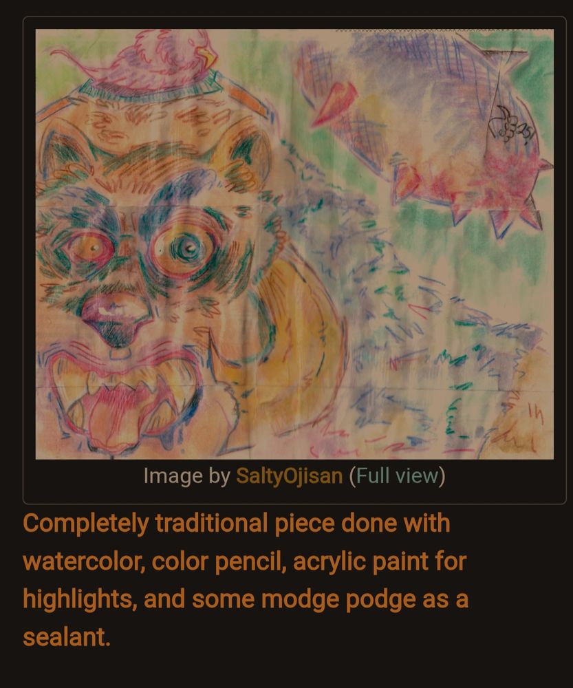 Screengrab of art fight piece for Zenizinga of her OCS Oinkloink Pugloink & Purplina created with color pencil, watercolor, and acrylic paint. A big toothy creature with a ripped tunic and a basket on their back that holds a bird-like friend.