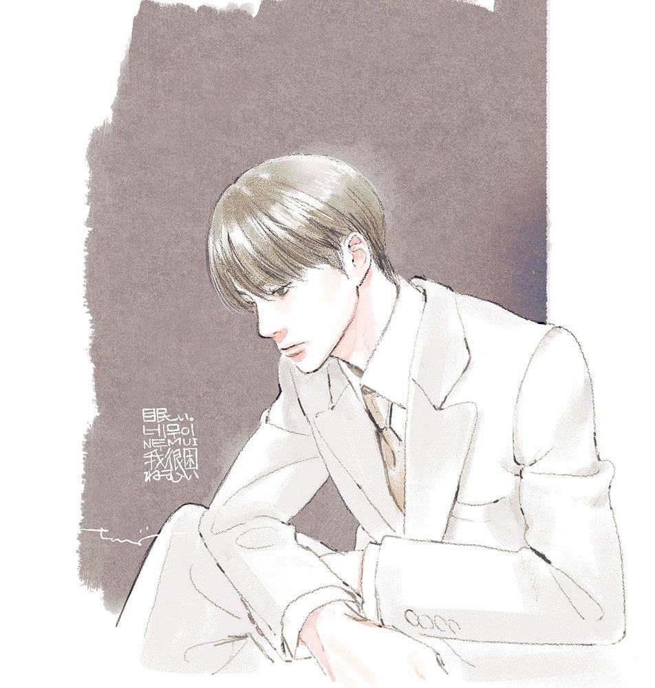 白いスーツ姿の俯く若い男の絵