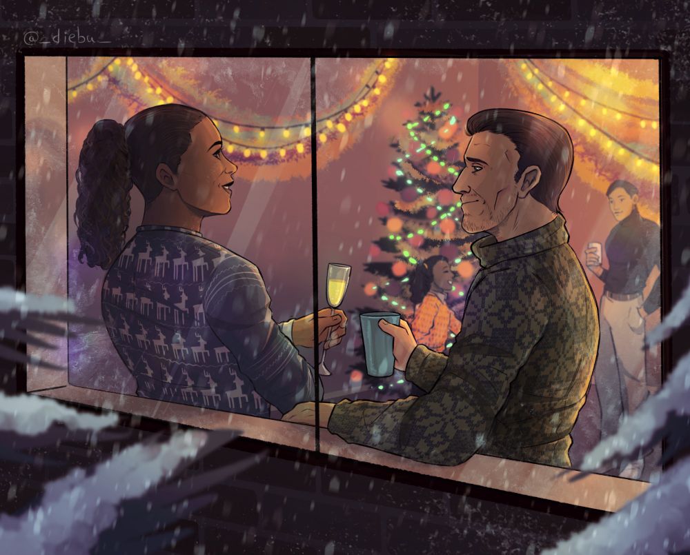 Saga and Casey standing next to the window with drinks in their hands. On the background you can see Kiran and Logan talking, while beih surrounded by christmas decorations. Outside of the window its snowing and you can see small branches of trees getting in the frame from left and right bottom corners.