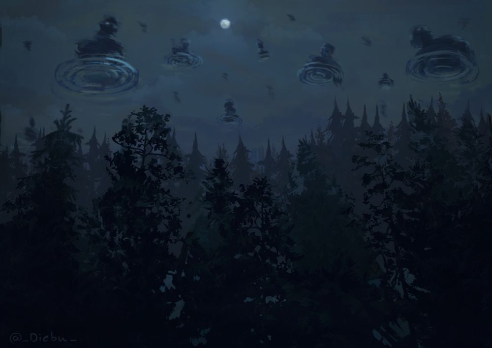 A drawing contains a night scenery in the woods with floating shadowy bodies in the sky with water circles underneath them. In the top centre of the picture is a small and very bright moon.