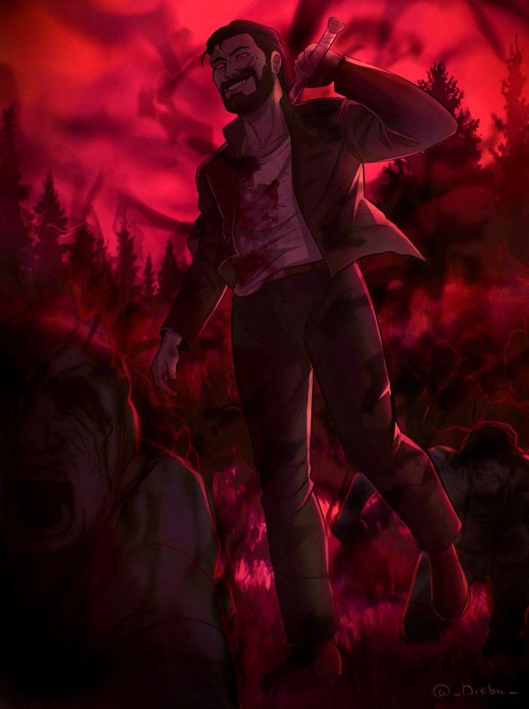 A drawing of Mr Scratch going towards the camera in a red forest with an army of Taken running beside him. He is holding a baseball bat while covered in blood, with a creepy smile and glowing eyes.
