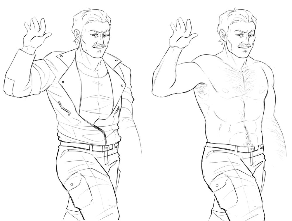 a sketch of a vampire standing in two poses: wearing leather jacket and with his bare chest